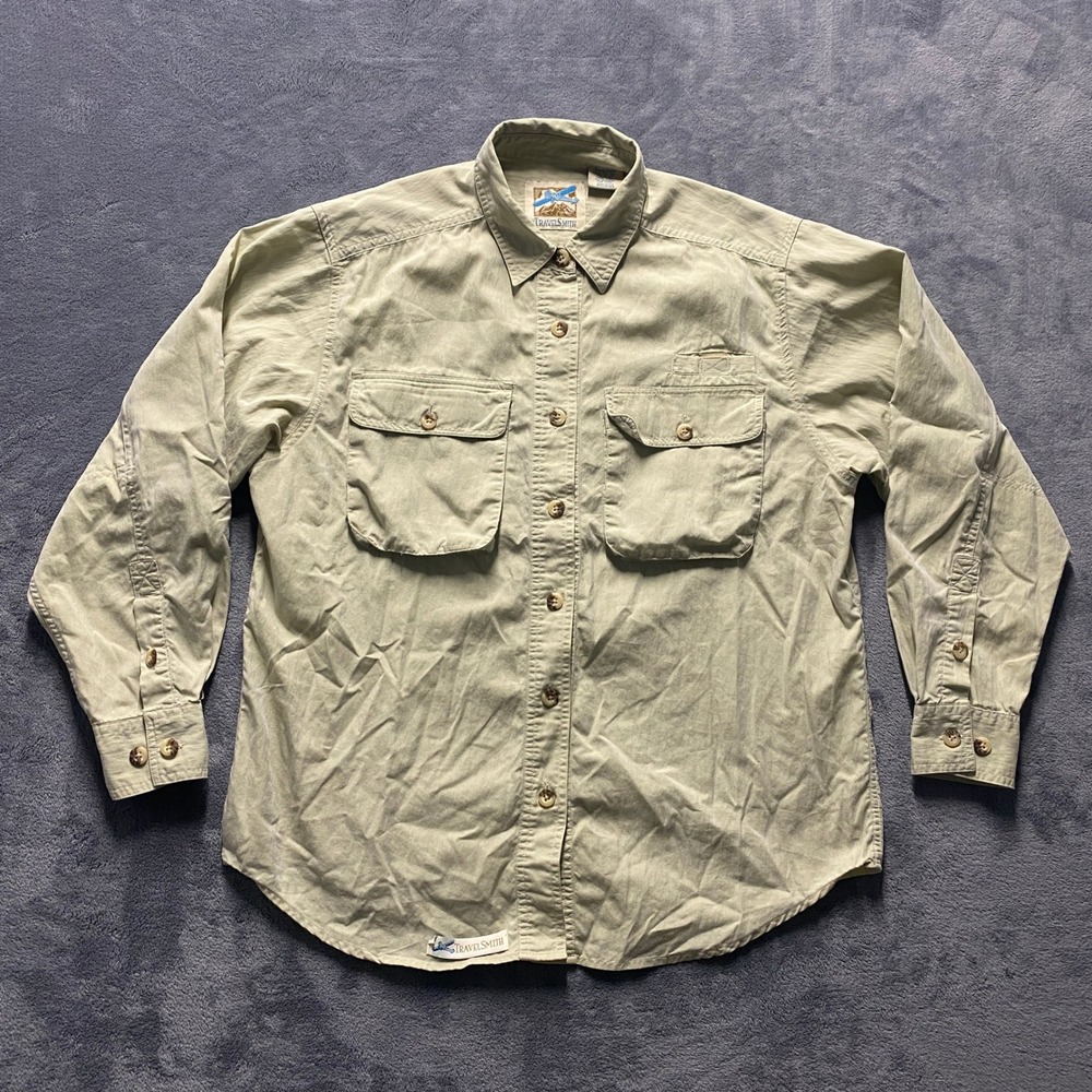 TravelSmith Button Down Mens Medium Adventure Gear Khaki Tan Utility Shirt 5114